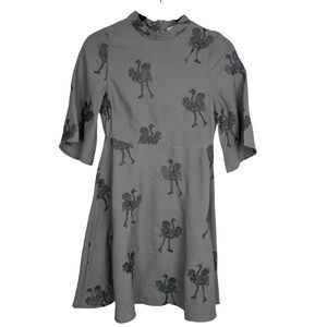 PEPALOVES Women's Ostrich Embroidered Gray Fit and Flare Knee Length Dress XS